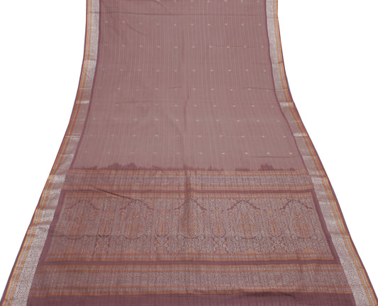 Sushila Vintage Brown Indian Saree Pure Cotton Woven Floral Sari Craft Fabric