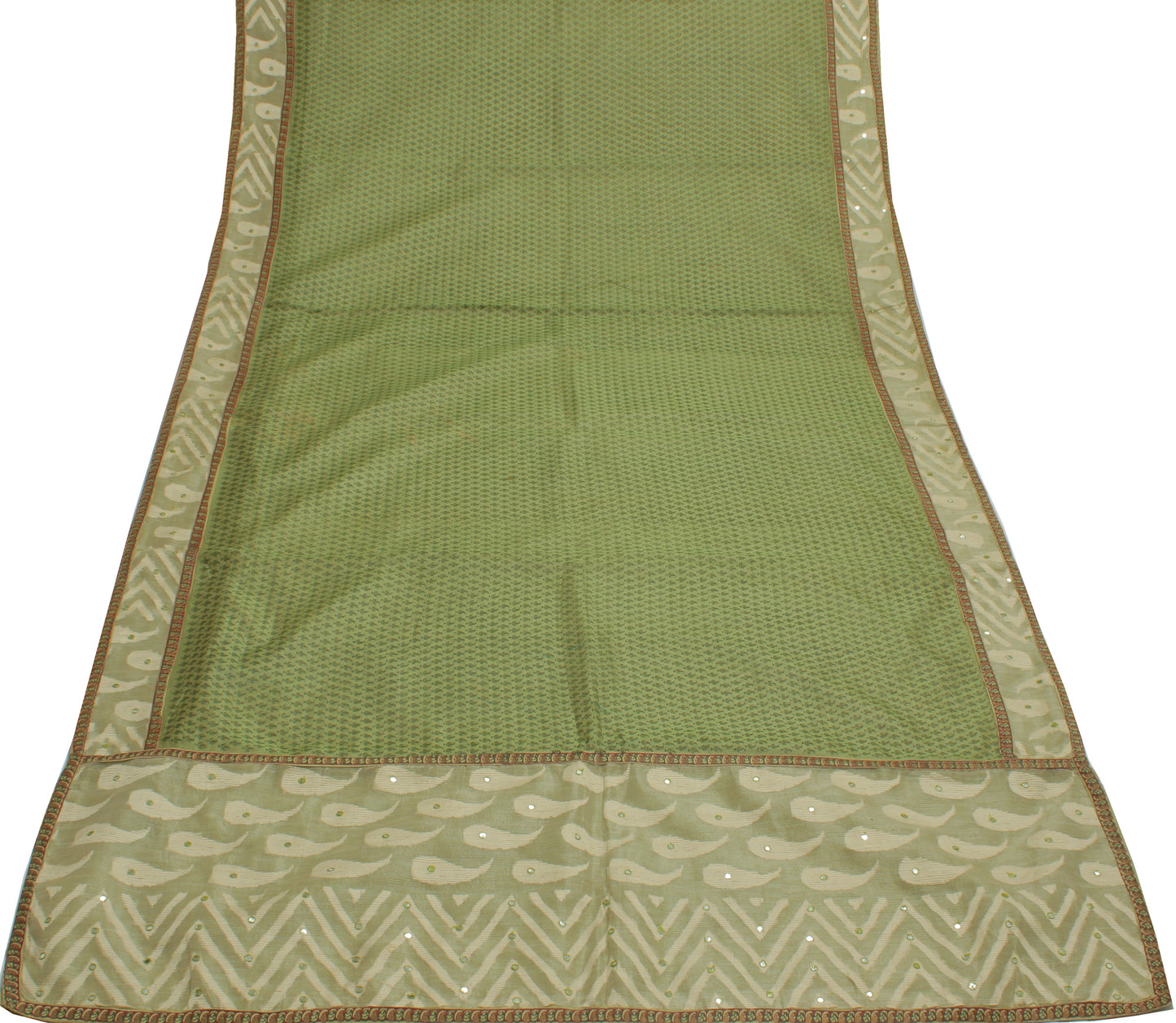 Sushila Vintage Green Saree Pure Cotton Silk Printed Paisley Sari Craft Fabric