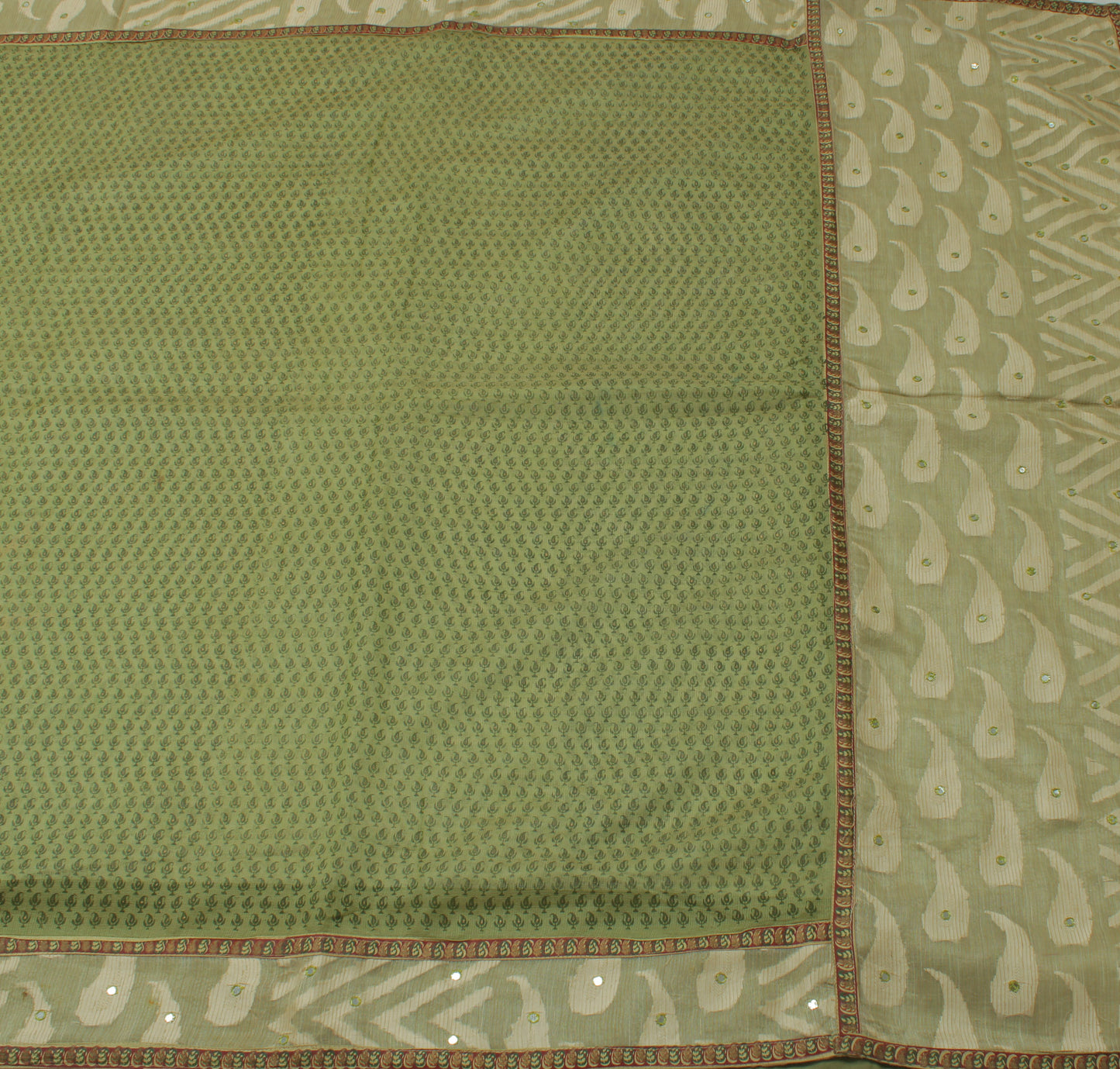 Sushila Vintage Green Saree Pure Cotton Silk Printed Paisley Sari Craft Fabric