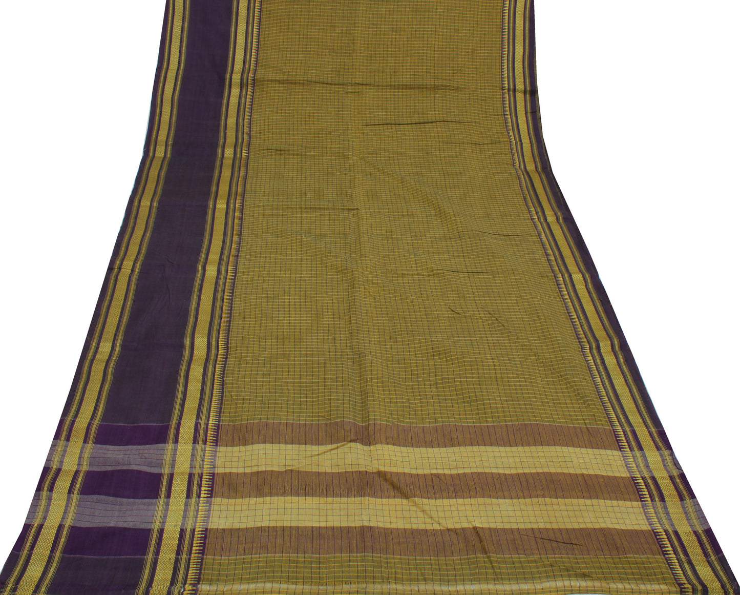 Sushila Vintage Green Indian Saree Pure Cotton Woven Check Sari Craft Fabric