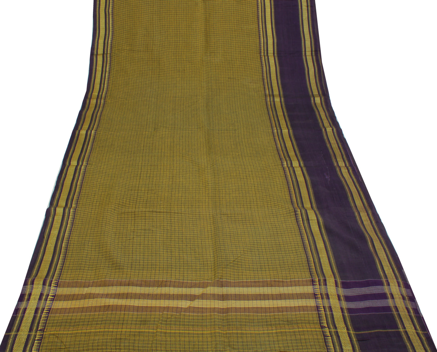 Sushila Vintage Green Indian Saree Pure Cotton Woven Check Sari Craft Fabric