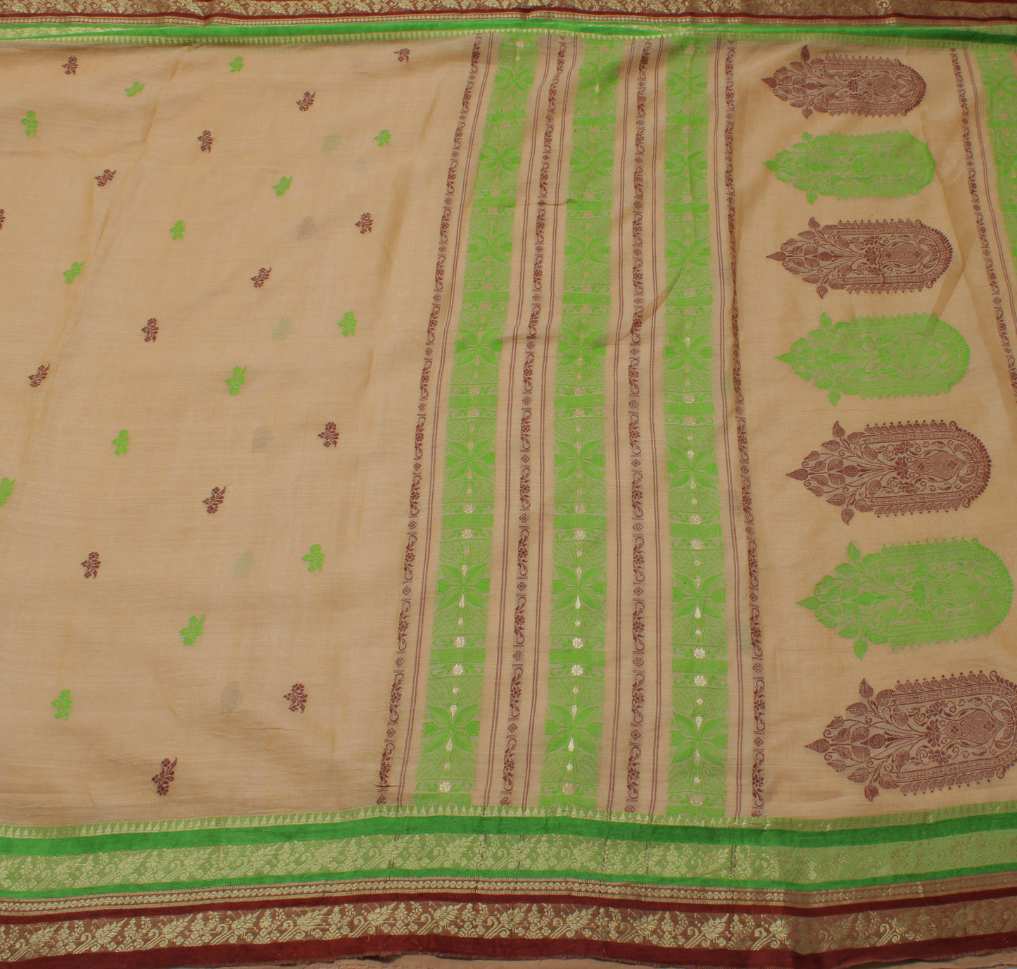 Sushila Vintage Cream Indian Saree 100% Pure Cotton Woven Floral Sari Fabric