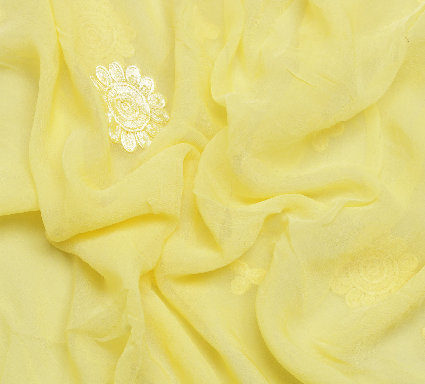 Sushila Vintage Lemon Saree Pure Chiffon Silk Embroidered Floral Sari Fabric