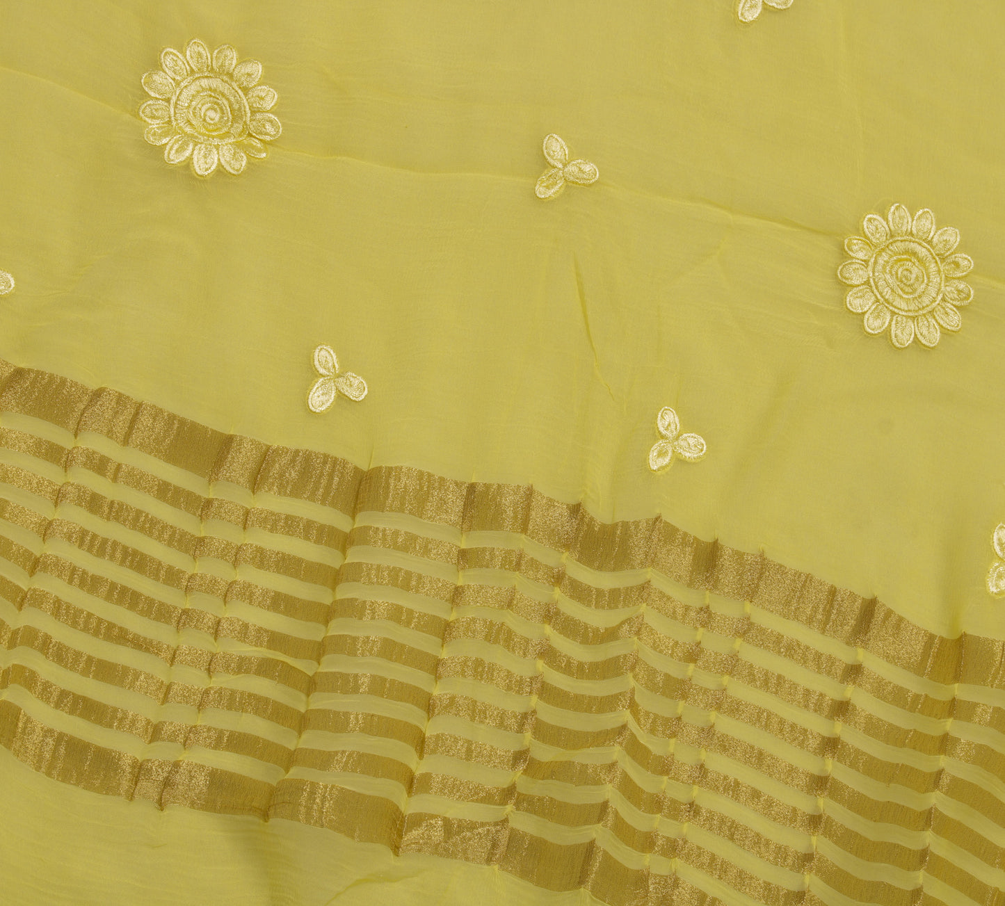 Sushila Vintage Lemon Saree Pure Chiffon Silk Embroidered Floral Sari Fabric