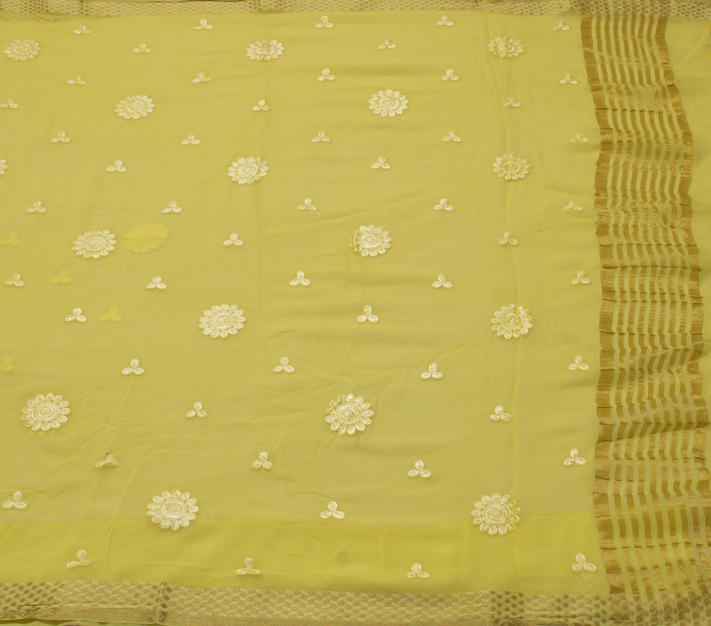 Sushila Vintage Lemon Saree Pure Chiffon Silk Embroidered Floral Sari Fabric