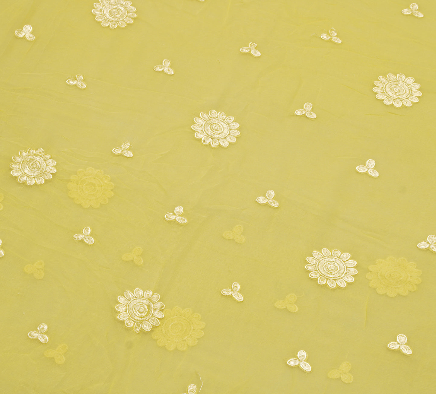 Sushila Vintage Lemon Saree Pure Chiffon Silk Embroidered Floral Sari Fabric