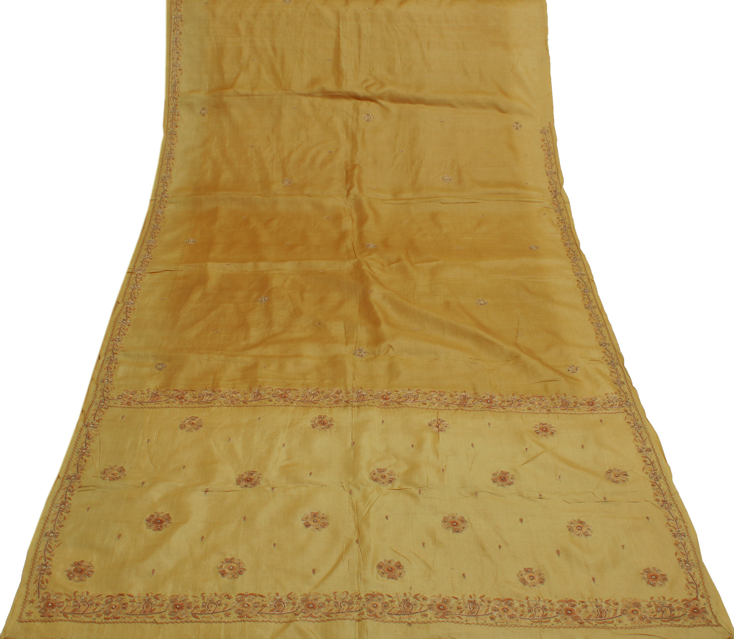 Sushila Vintage Brown Indian Saree 100% Pure Silk Hand Beaded Floral Sari Fabric