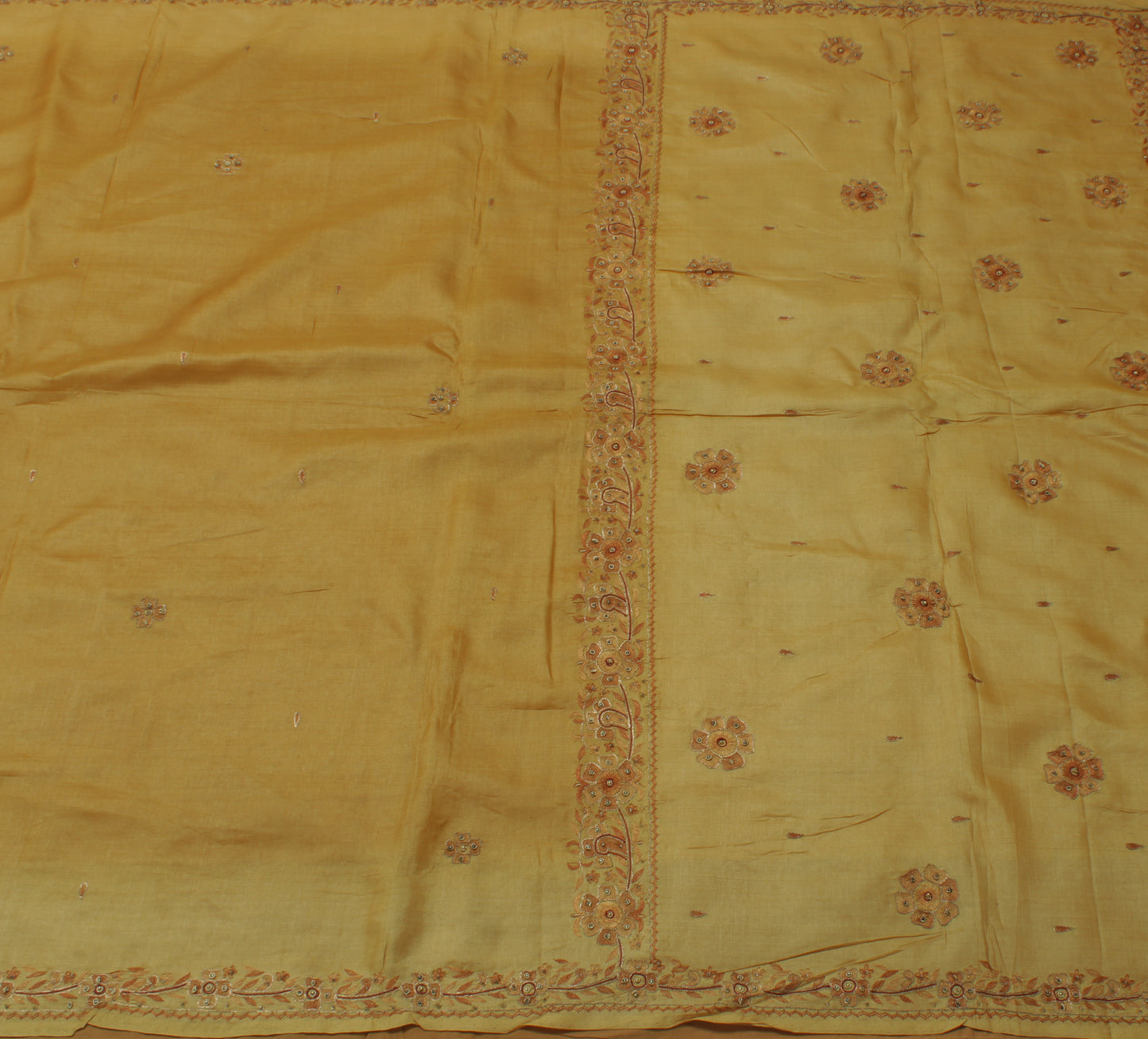 Sushila Vintage Brown Indian Saree 100% Pure Silk Hand Beaded Floral Sari Fabric