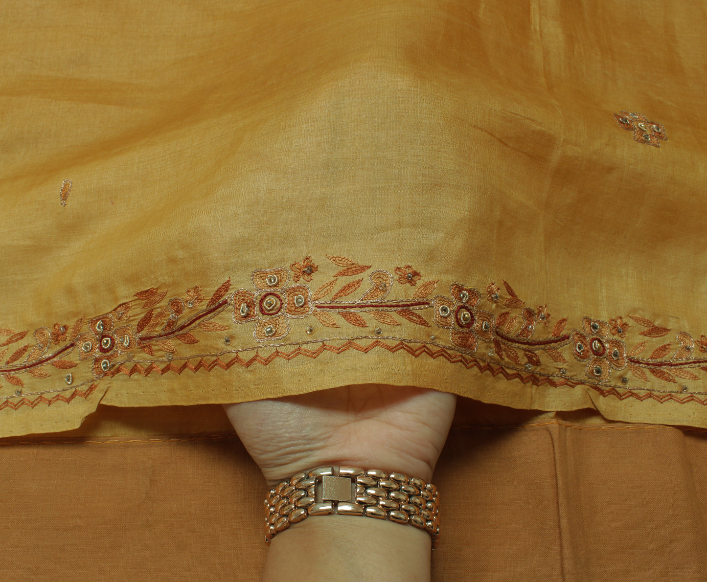 Sushila Vintage Brown Indian Saree 100% Pure Silk Hand Beaded Floral Sari Fabric