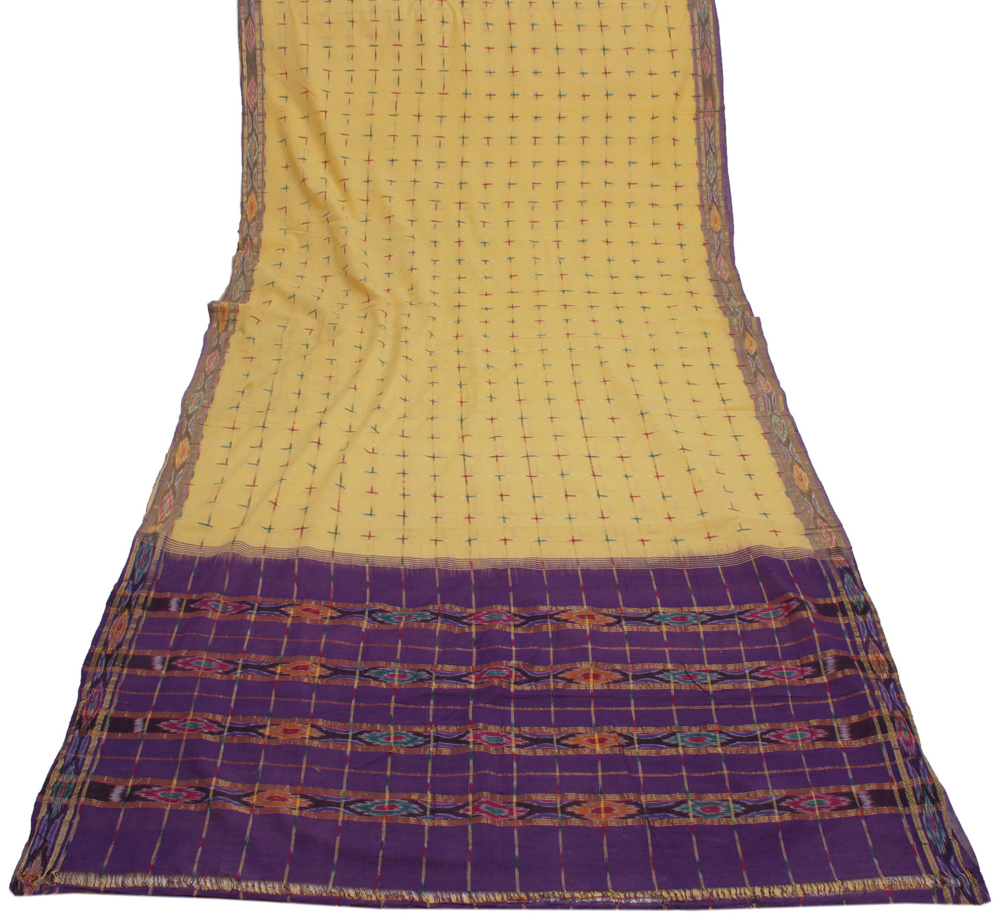 Sushila Vintage Cream Saree Pure Cotton Hand Woven Ikat Patola Sari Craft Fabric