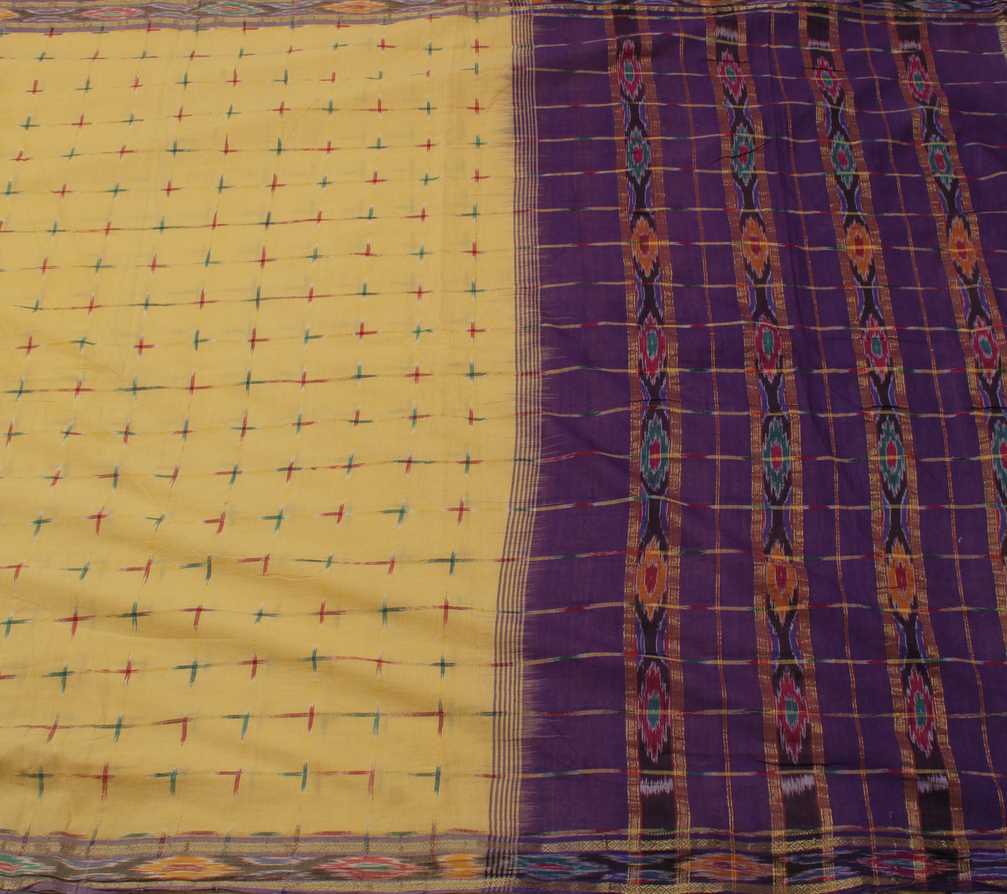 Sushila Vintage Cream Saree Pure Cotton Hand Woven Ikat Patola Sari Craft Fabric