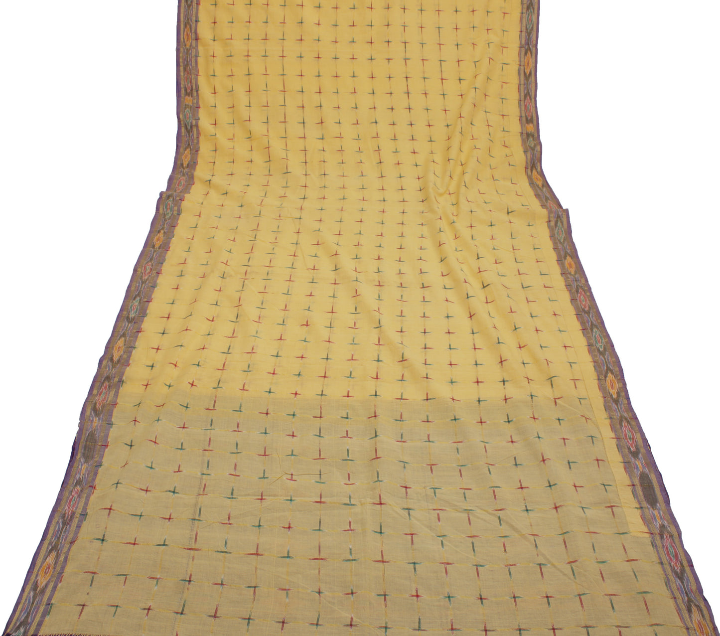 Sushila Vintage Cream Saree Pure Cotton Hand Woven Ikat Patola Sari Craft Fabric