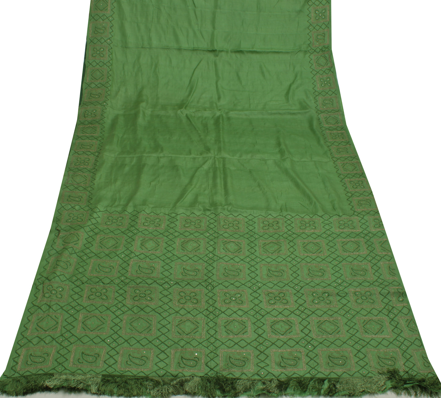 Sushila Vintage Green Indian Saree Pure Silk Embroidered Floral Sari Fabric