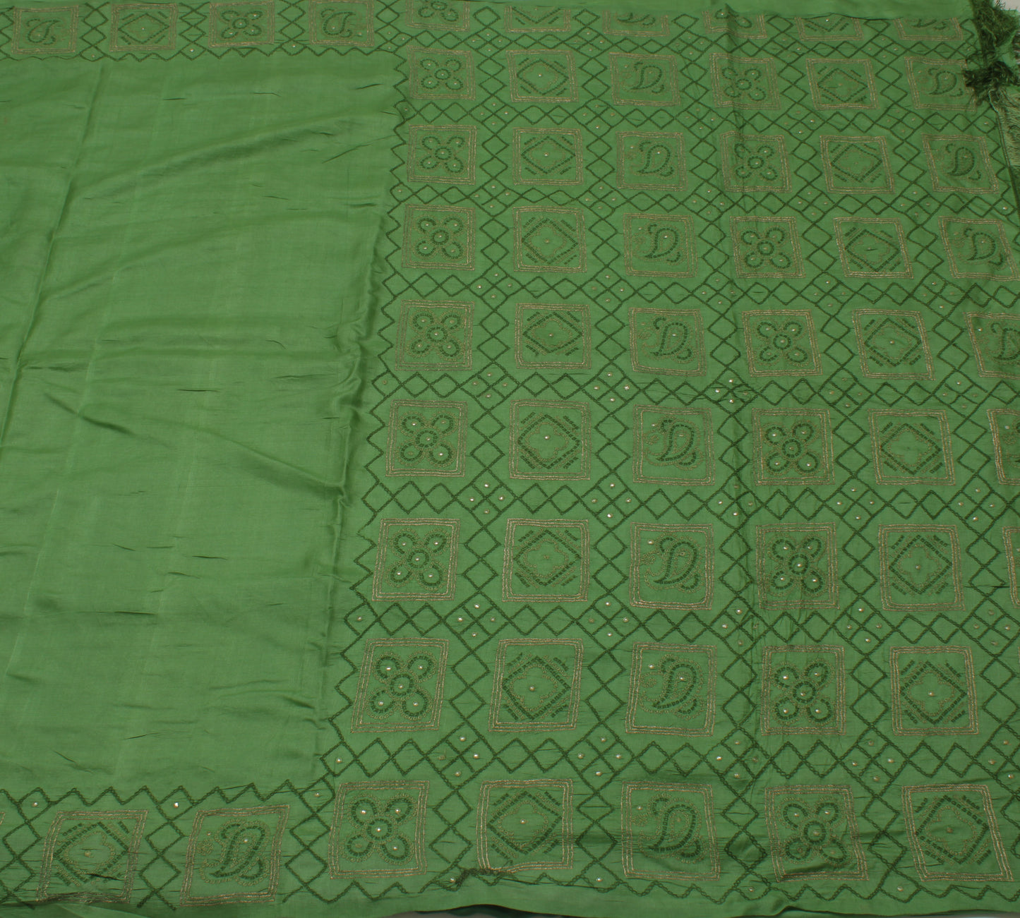 Sushila Vintage Green Indian Saree Pure Silk Embroidered Floral Sari Fabric