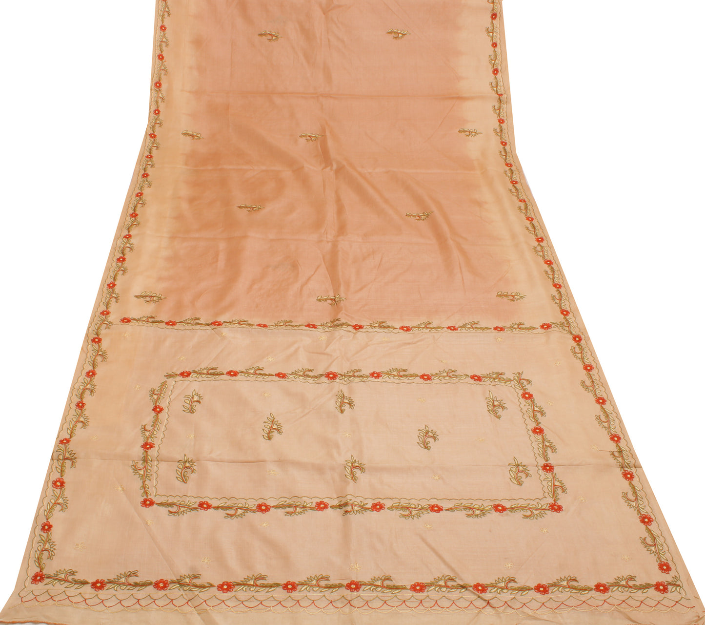 Sushila Vintage Cream Indian Saree 100% Pure Silk Embroidered Floral Sari Fabric