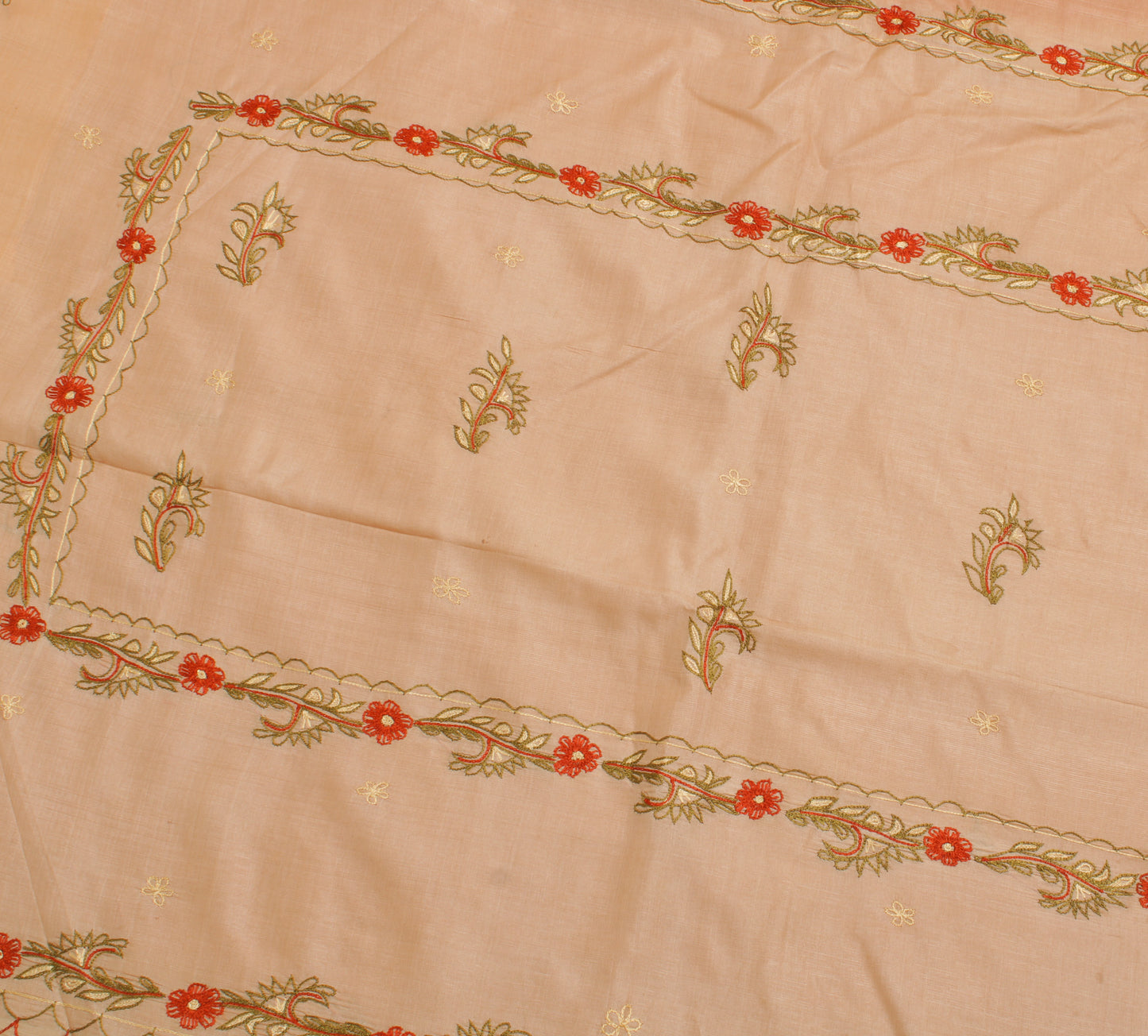 Sushila Vintage Cream Indian Saree 100% Pure Silk Embroidered Floral Sari Fabric