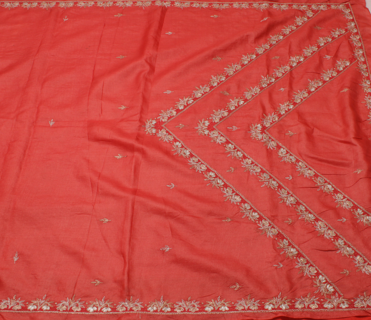 Sushila Vintage Peach Indian Saree Pure Silk Zari Embroidered Floral Sari Fabric