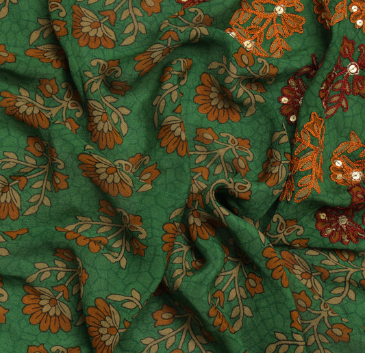 Sushila Vintage Green Saree Pure Georgette Silk Printed Embroidered Sari Fabric