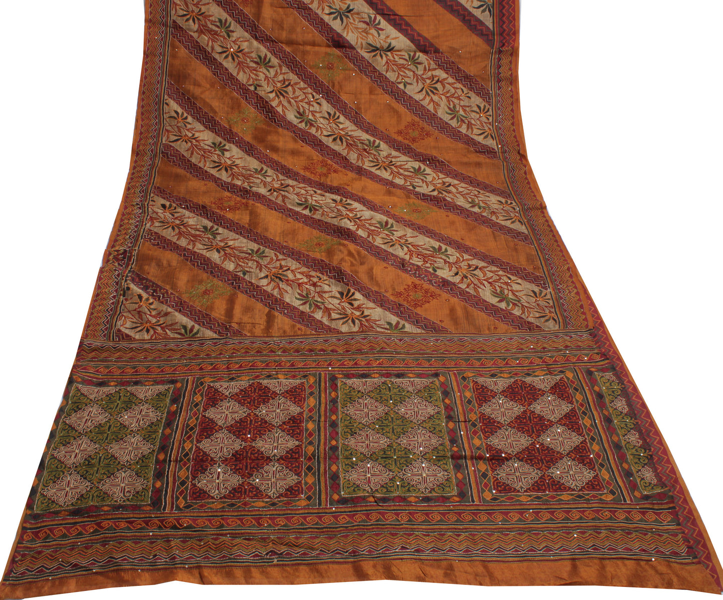 Sushila Vintage Brown Saree Pure Silk Printed & Embroidered Floral Sari Fabric