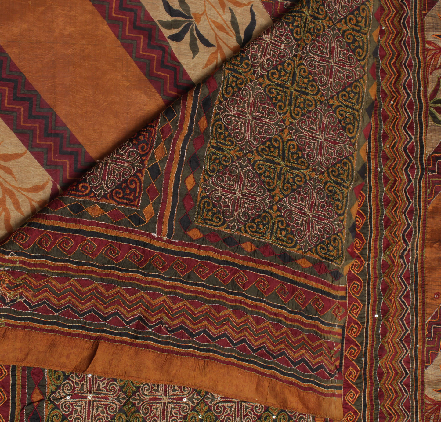 Sushila Vintage Brown Saree Pure Silk Printed & Embroidered Floral Sari Fabric