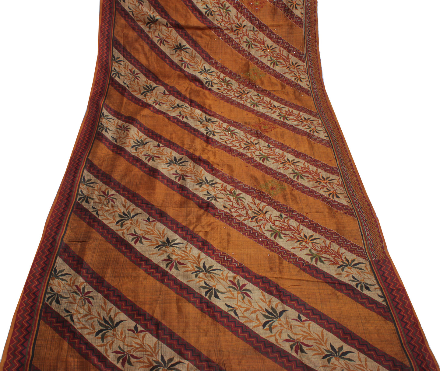 Sushila Vintage Brown Saree Pure Silk Printed & Embroidered Floral Sari Fabric