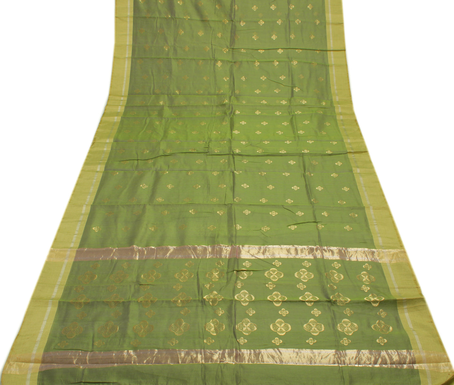 Sushila Vintage Green Indian Saree Blend Cotton Woven Floral Sari Craft Fabric