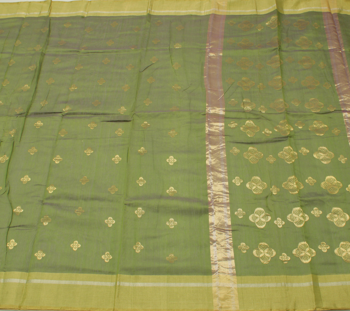 Sushila Vintage Green Indian Saree Blend Cotton Woven Floral Sari Craft Fabric