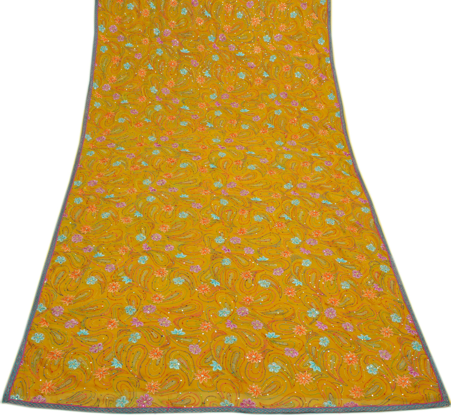 Sushila Vintage Mustard Sari Blend Georgette Silk Embroidered Floral Sari Fabric