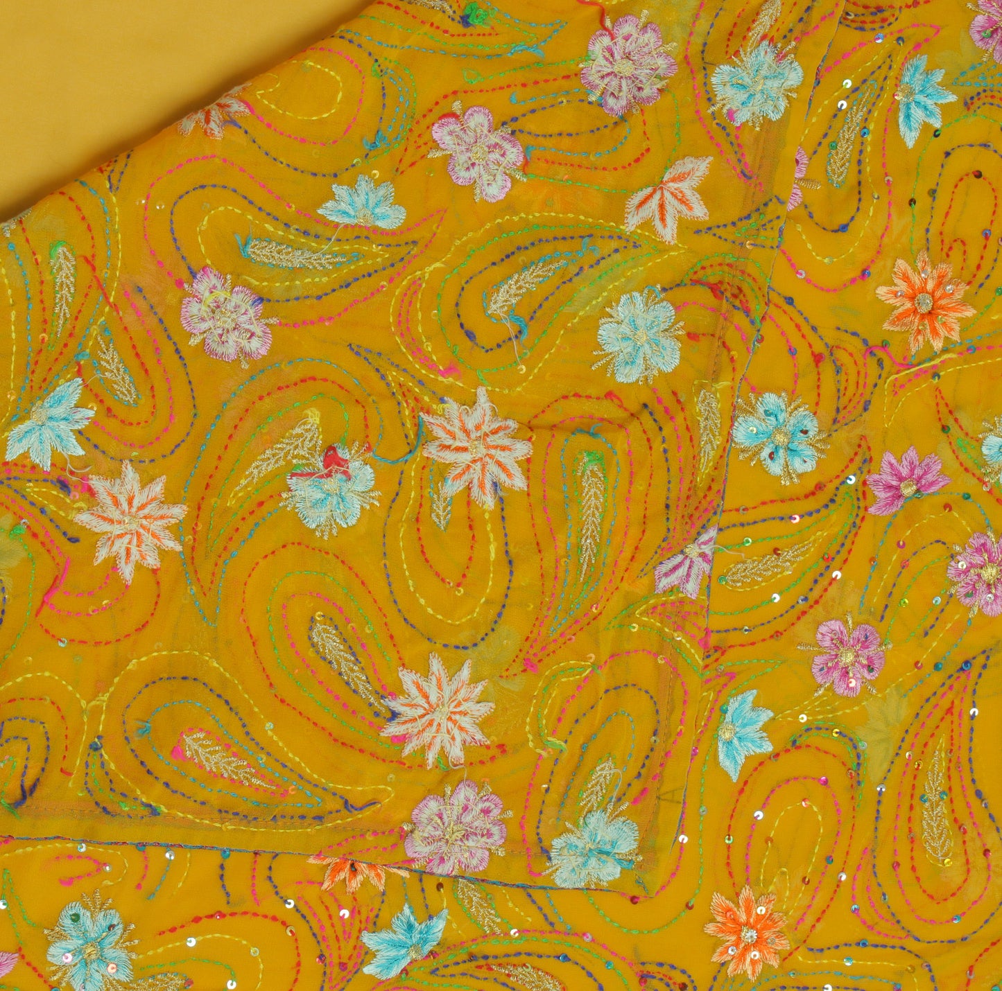 Sushila Vintage Mustard Sari Blend Georgette Silk Embroidered Floral Sari Fabric