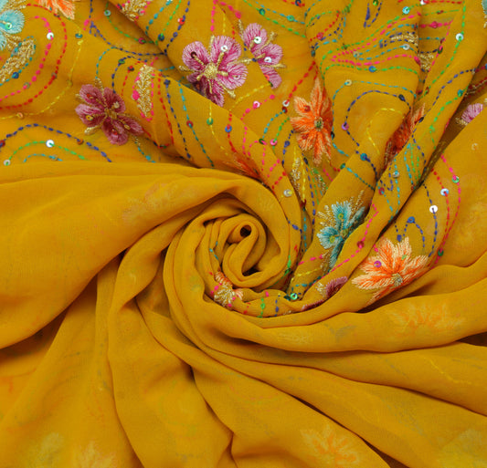 Sushila Vintage Mustard Sari Blend Georgette Silk Embroidered Floral Sari Fabric