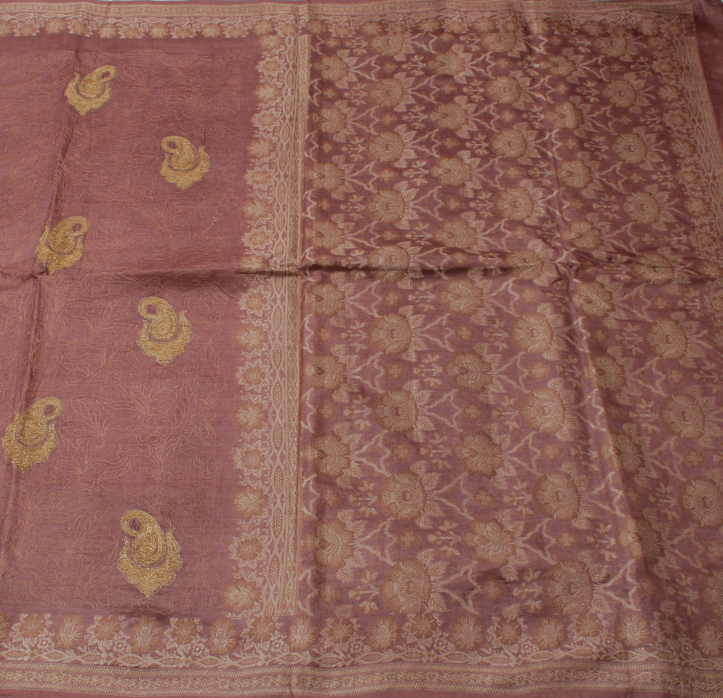 Sushila Vintage Mauve Saree 100% Pure Silk Zari Embroidered Paisley Sari Fabric