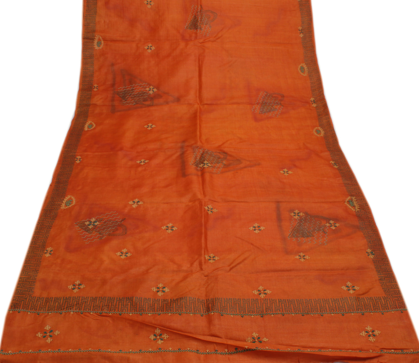 Sushila Vintage Orange Saree Pure Silk Hand Embroidered Floral Sari Craft Fabric