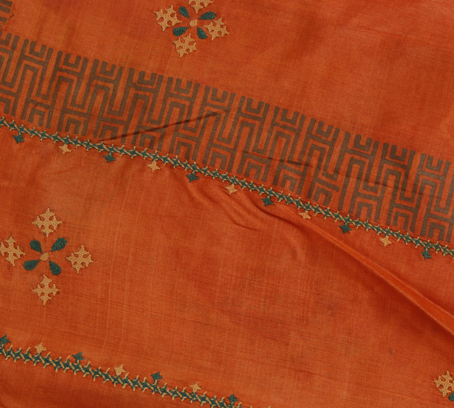 Sushila Vintage Orange Saree Pure Silk Hand Embroidered Floral Sari Craft Fabric