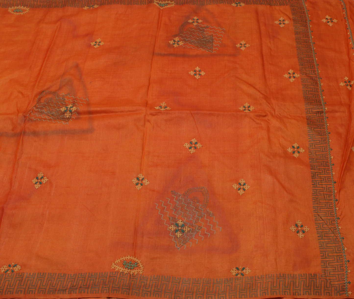 Sushila Vintage Orange Saree Pure Silk Hand Embroidered Floral Sari Craft Fabric