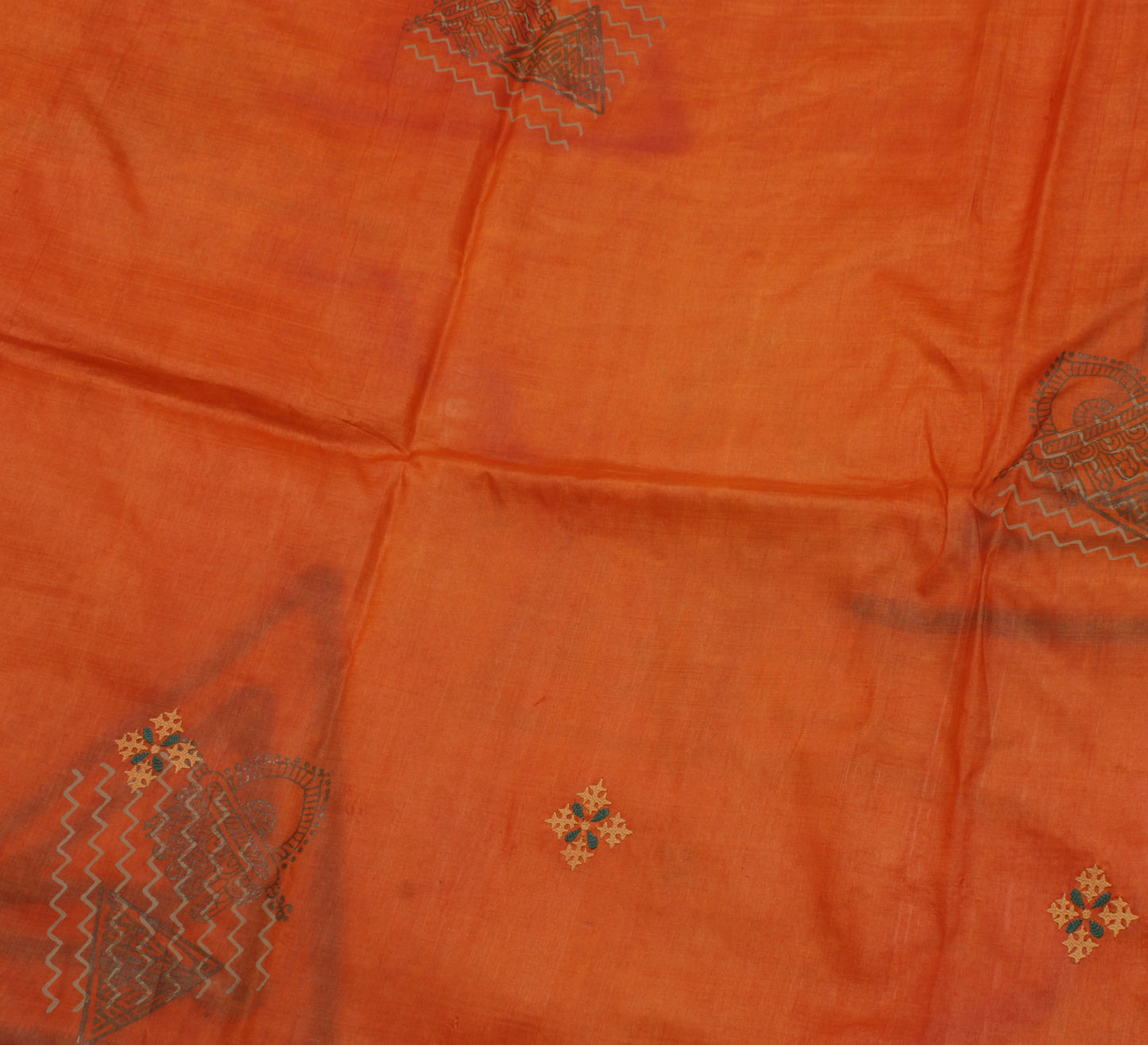 Sushila Vintage Orange Saree Pure Silk Hand Embroidered Floral Sari Craft Fabric