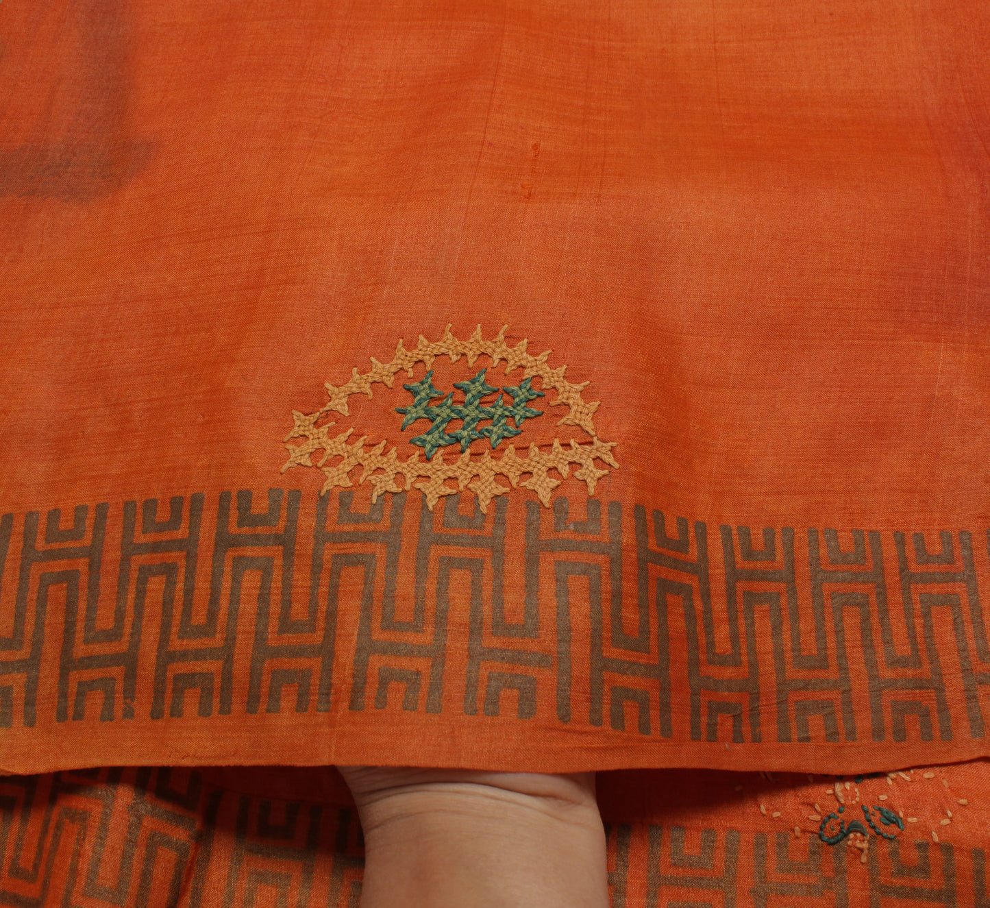 Sushila Vintage Orange Saree Pure Silk Hand Embroidered Floral Sari Craft Fabric