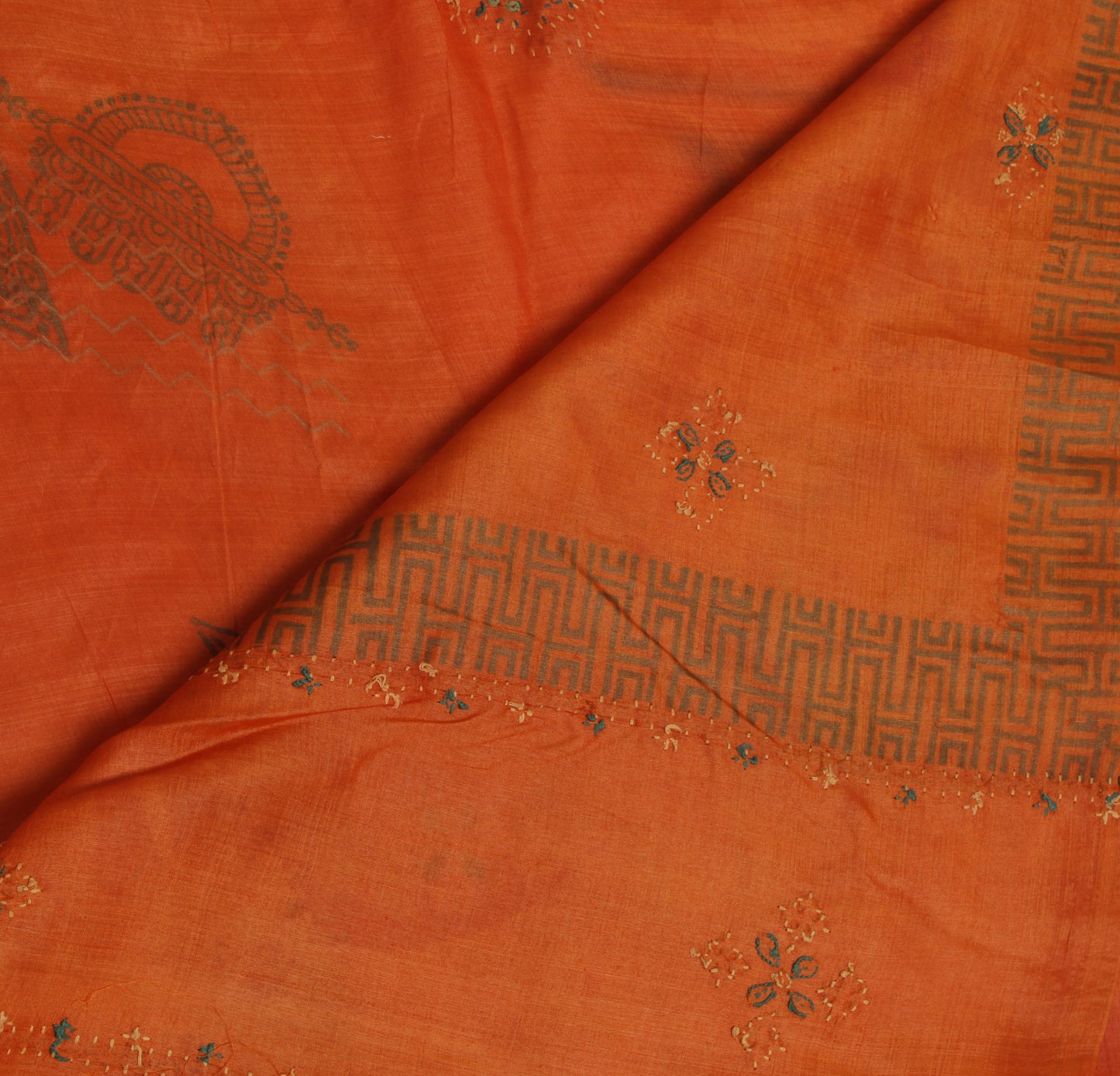 Sushila Vintage Orange Saree Pure Silk Hand Embroidered Floral Sari Craft Fabric