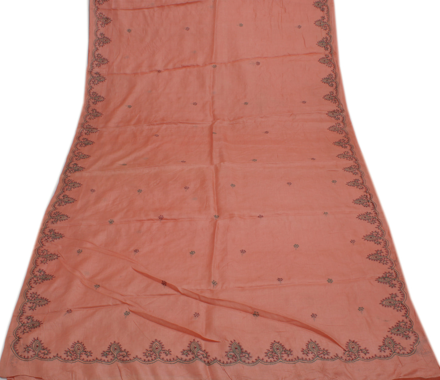 Sushila Vintage Peach Saree 100% Pure Silk Hand Embroidered Sari Craft Fabric