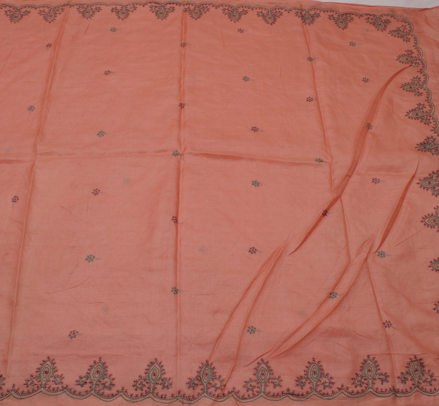 Sushila Vintage Peach Saree 100% Pure Silk Hand Embroidered Sari Craft Fabric