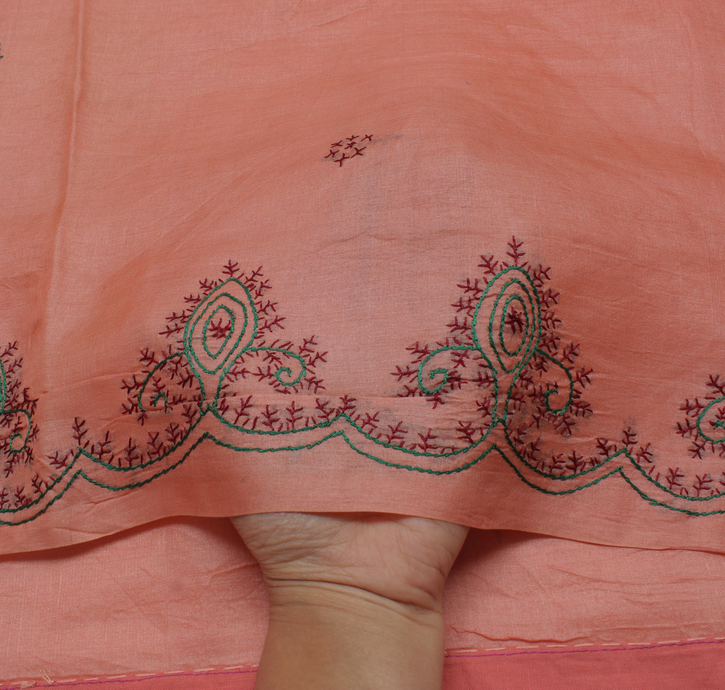 Sushila Vintage Peach Saree 100% Pure Silk Hand Embroidered Sari Craft Fabric