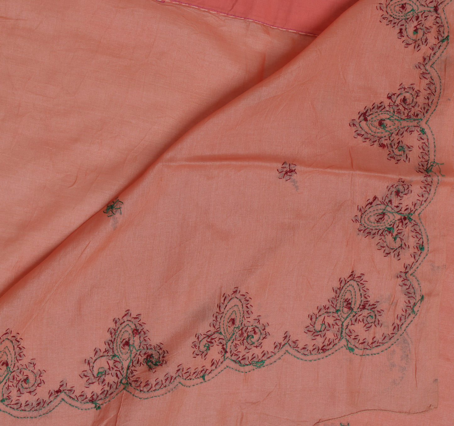 Sushila Vintage Peach Saree 100% Pure Silk Hand Embroidered Sari Craft Fabric