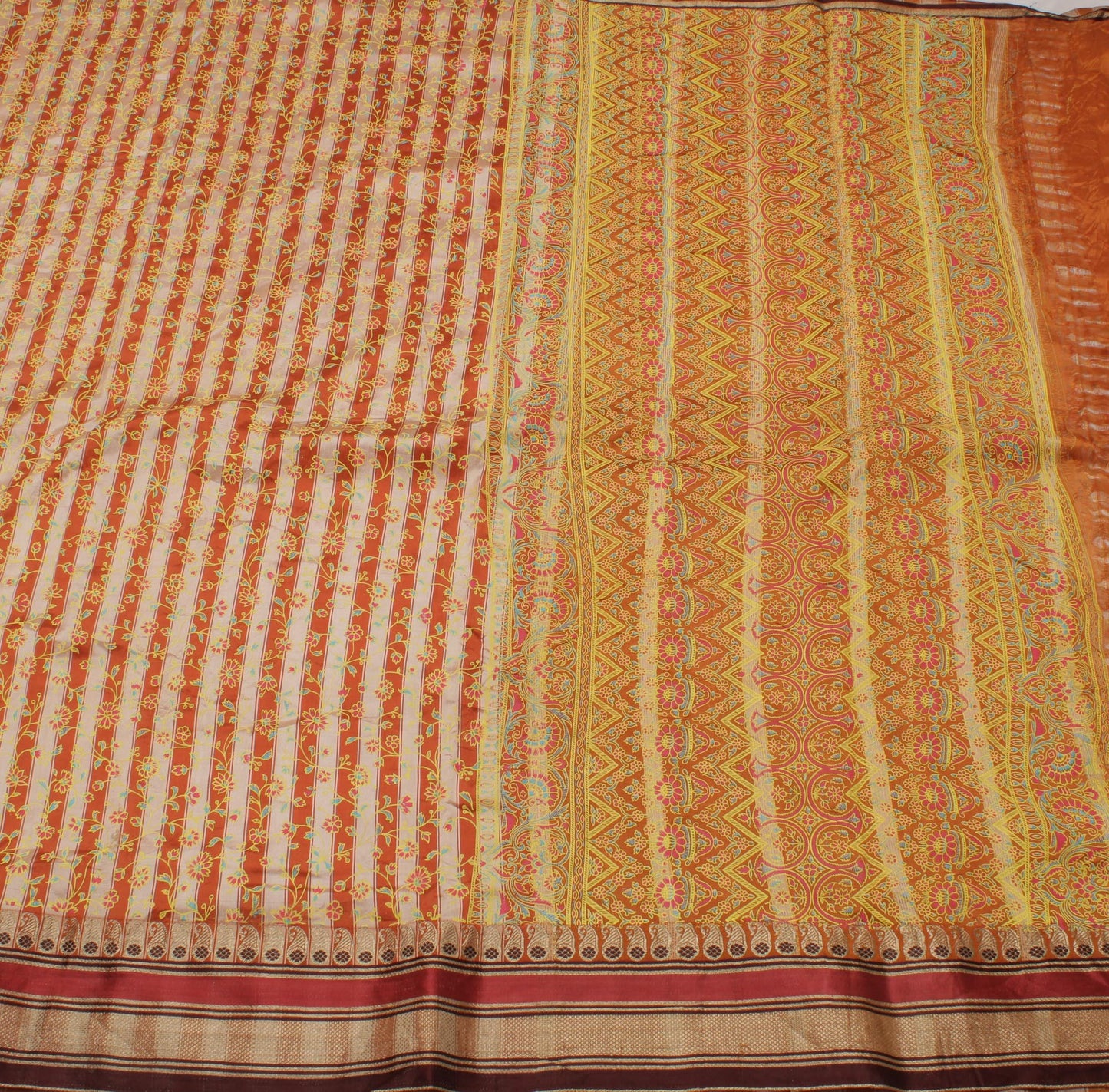 Sushila Vintage Cream Indian Saree Pure Silk Printed & Woven Floral Sari Fabric