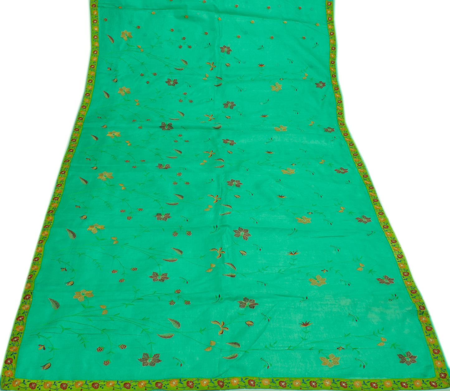 Sushila Vintage Aqua Green Saree 100% Pure Silk Embroidered Floral Sari Fabric