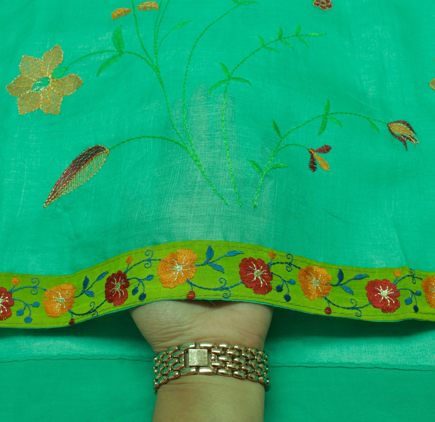 Sushila Vintage Aqua Green Saree 100% Pure Silk Embroidered Floral Sari Fabric