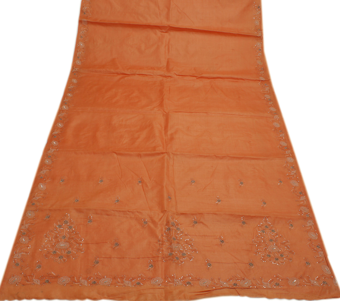 Sushila Vintage Peach Indian Saree 100% Pure Slk Embroidered Floral Sari Fabric