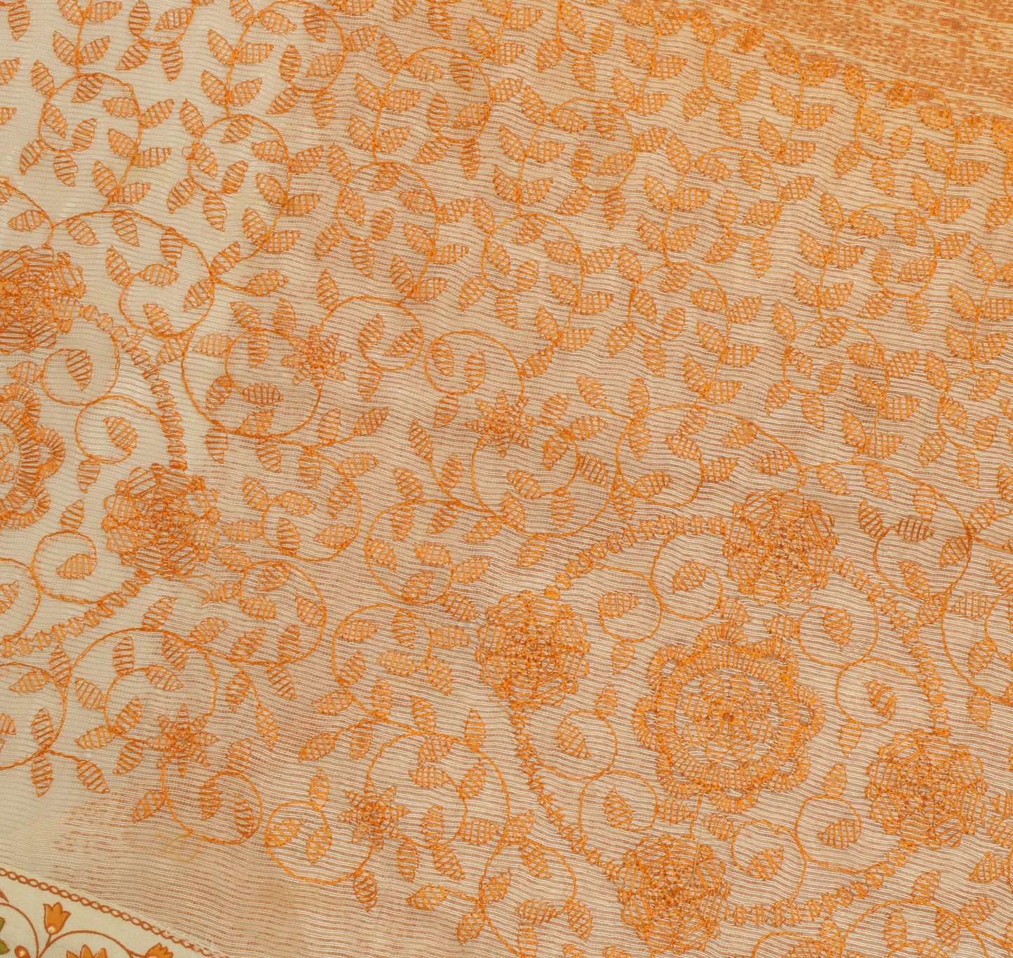 Sushila Vintage Orange Saree Blend Cotton Embroidered Floral Sari Sheer Fabric