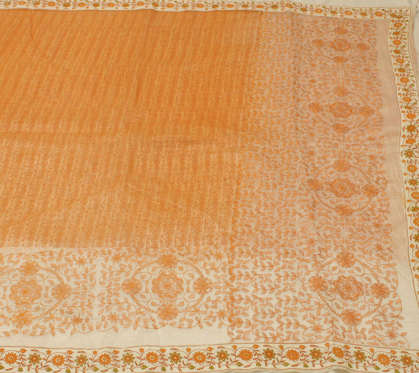 Sushila Vintage Orange Saree Blend Cotton Embroidered Floral Sari Sheer Fabric