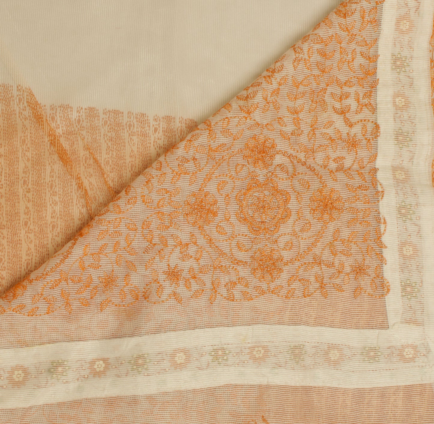 Sushila Vintage Orange Saree Blend Cotton Embroidered Floral Sari Sheer Fabric