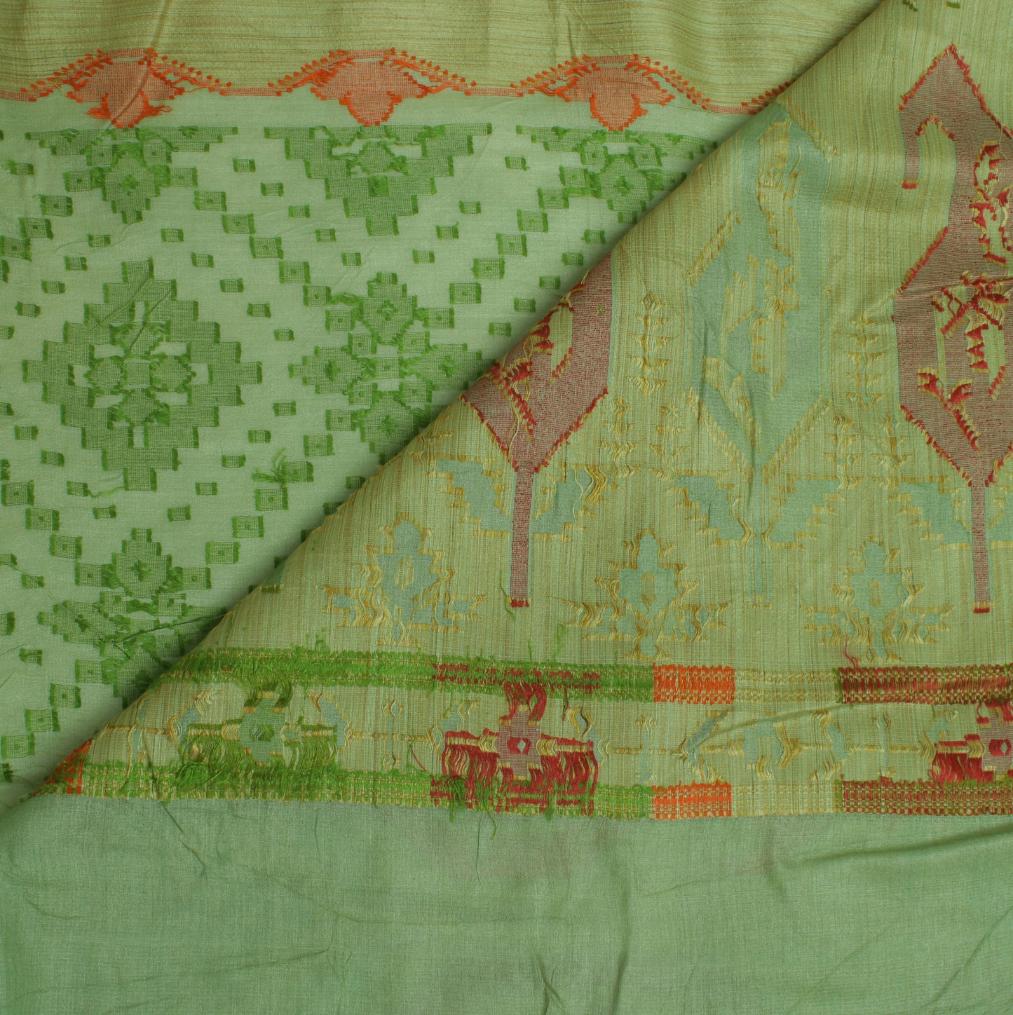 Sushila Vintage Green Saree Pure Silk Woven Abstract Sari Fabric