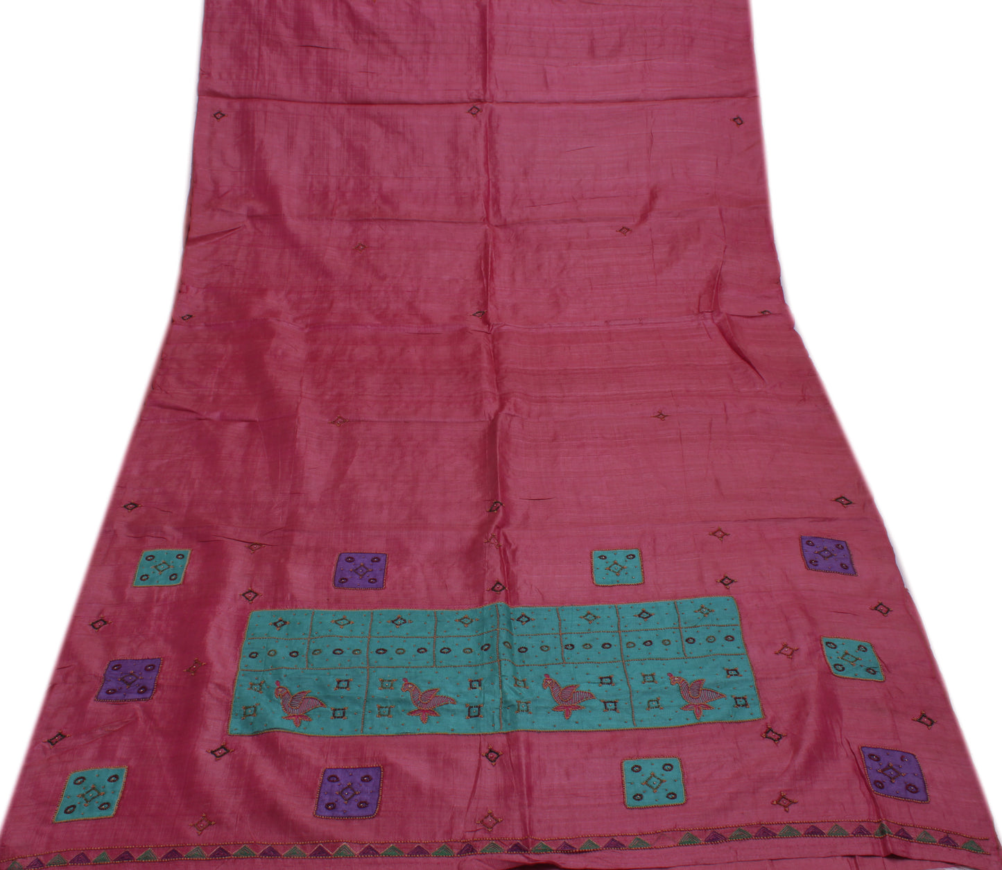 Sushila Vintage Indian Saree 100% Pure Silk Embroidered Abstract Sari Fabric